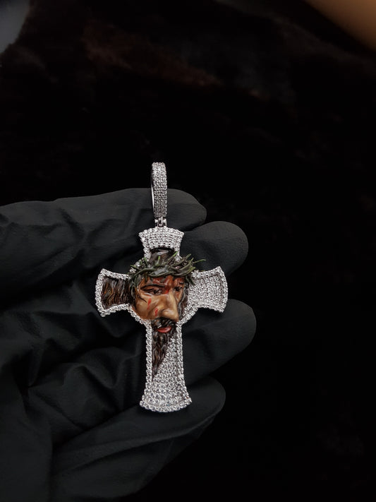 3d Enamel Jesus Cross Pendant With Moissanite Stones