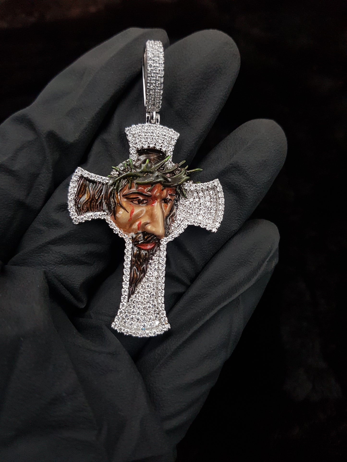 3d Enamel Jesus Cross Pendant With Moissanite Stones