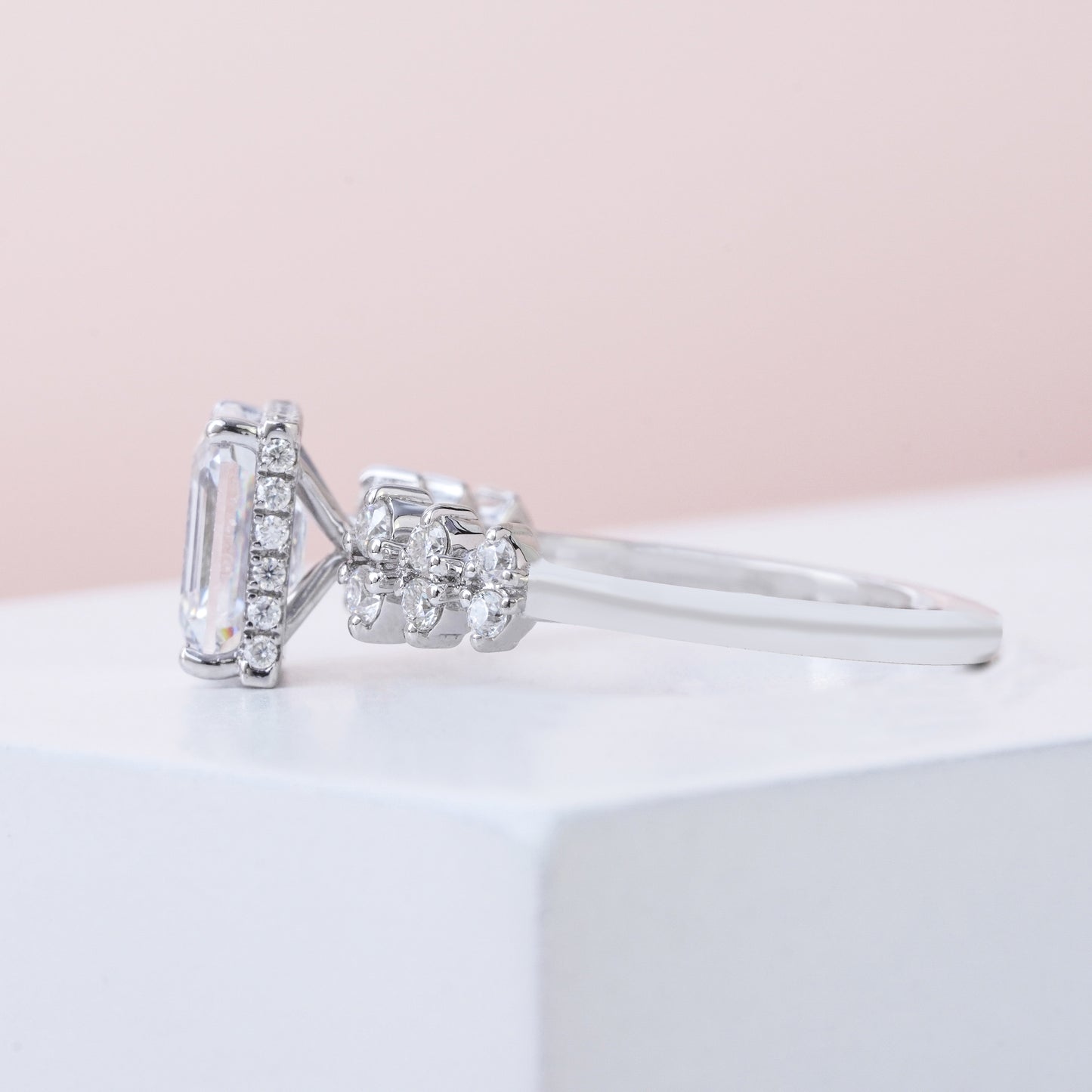 Traditional Emerald Cut with Round Cut Stone Beauty on Band