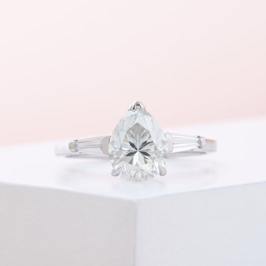 Pear Cut with Baguette Side Three Stone Engagement Ring