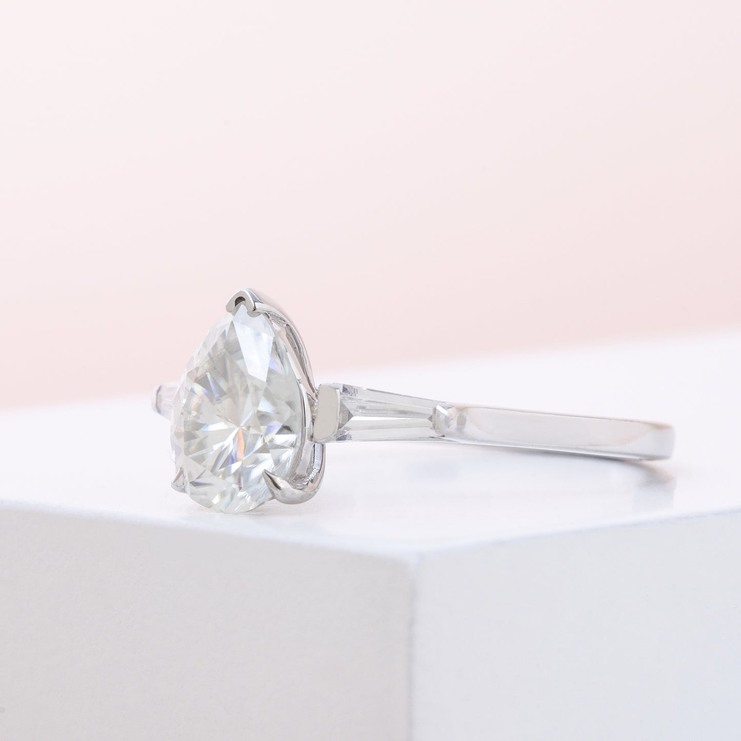 Pear Cut with Baguette Side Three Stone Engagement Ring