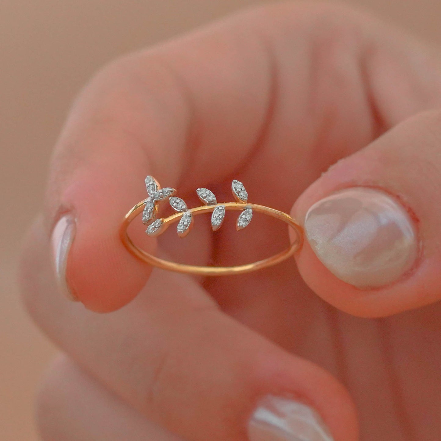 Dainty Olive Leaf Diamond Minimalist Ring.