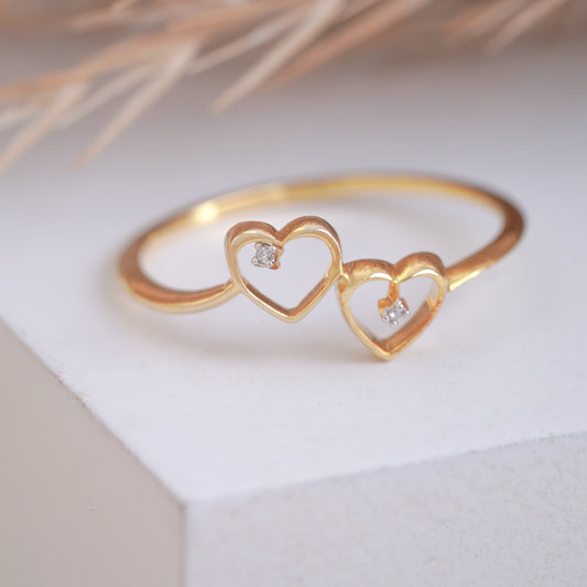 Handmade Two Open Hearts Delicate 10k Gold  Diamond Ring