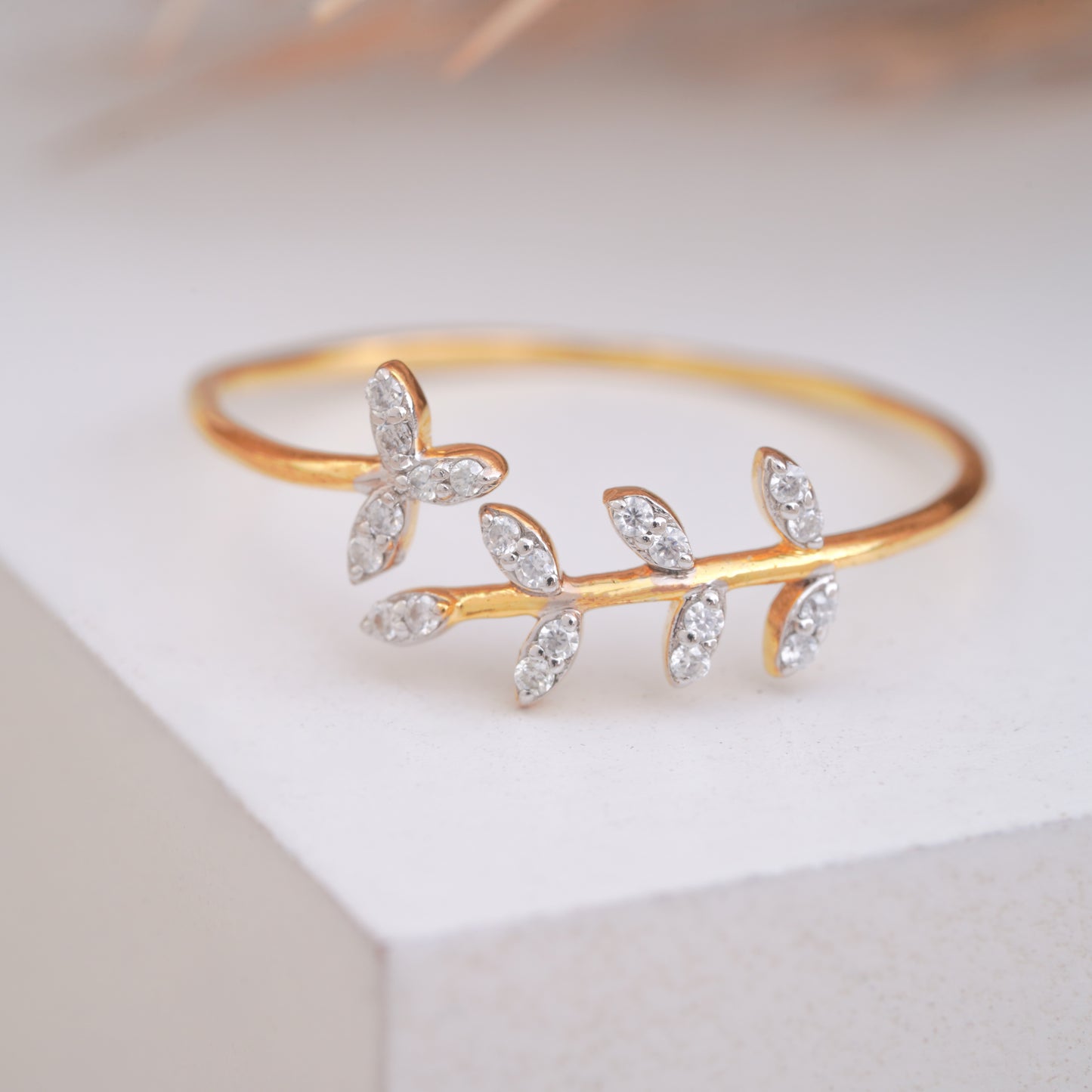 Dainty Olive Leaf Diamond Minimalist Ring.