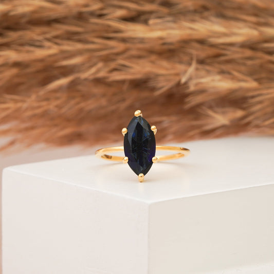 14k Gold Antique Dark Blue Sapphire Diamond Ring