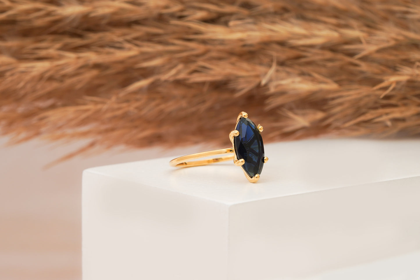 14k Gold Antique Dark Blue Sapphire Diamond Ring