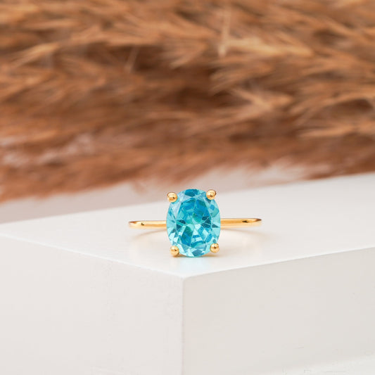 Oval Shape Blue Topaz and Diamond ,November Birthstone Ring