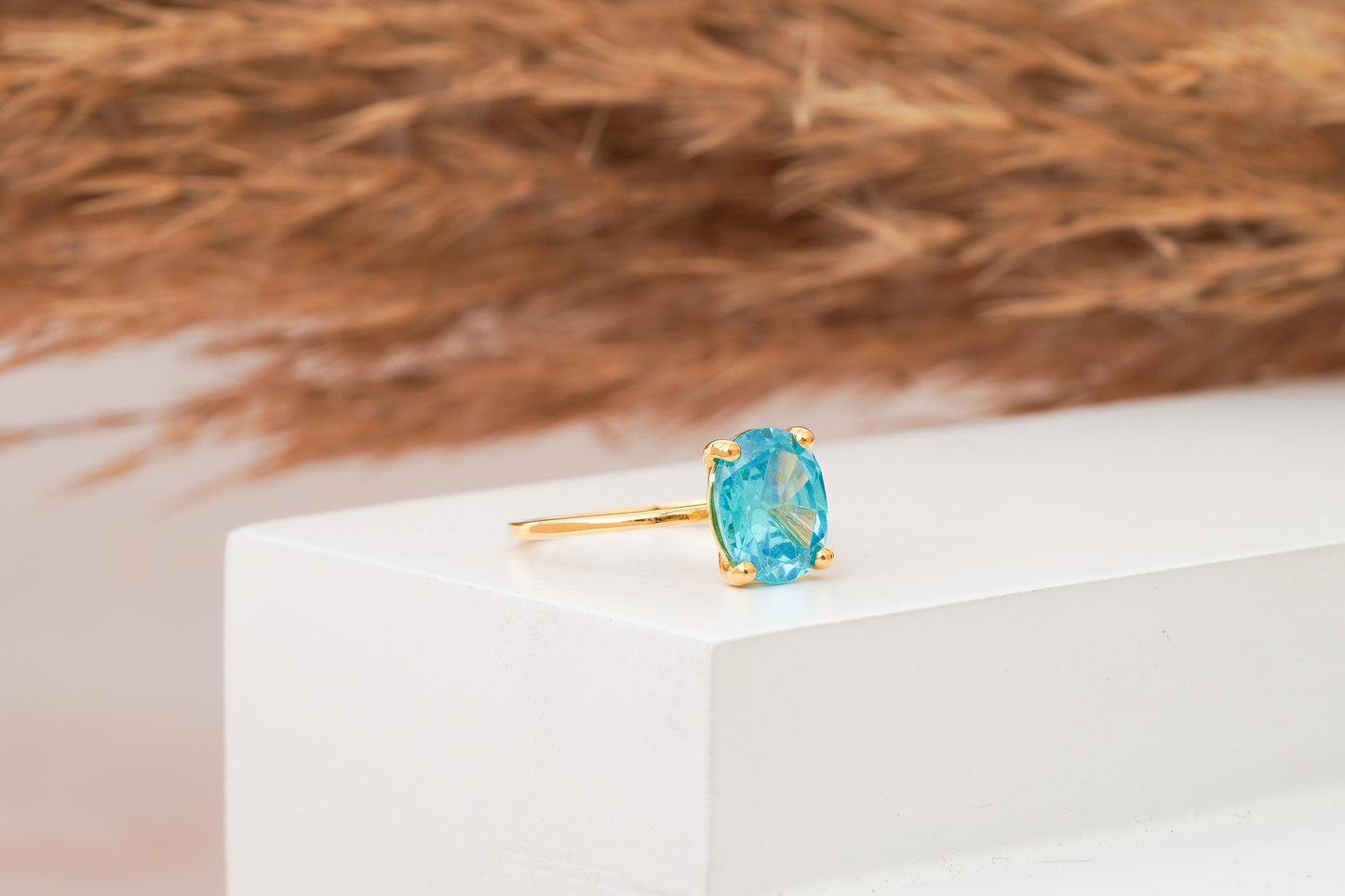 Oval Shape Blue Topaz and Diamond ,November Birthstone Ring