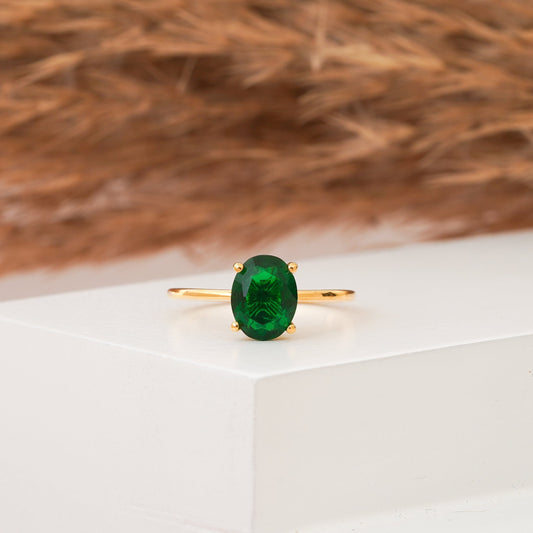 Dark Green Oval Cut CZ Engagement Gold Ring