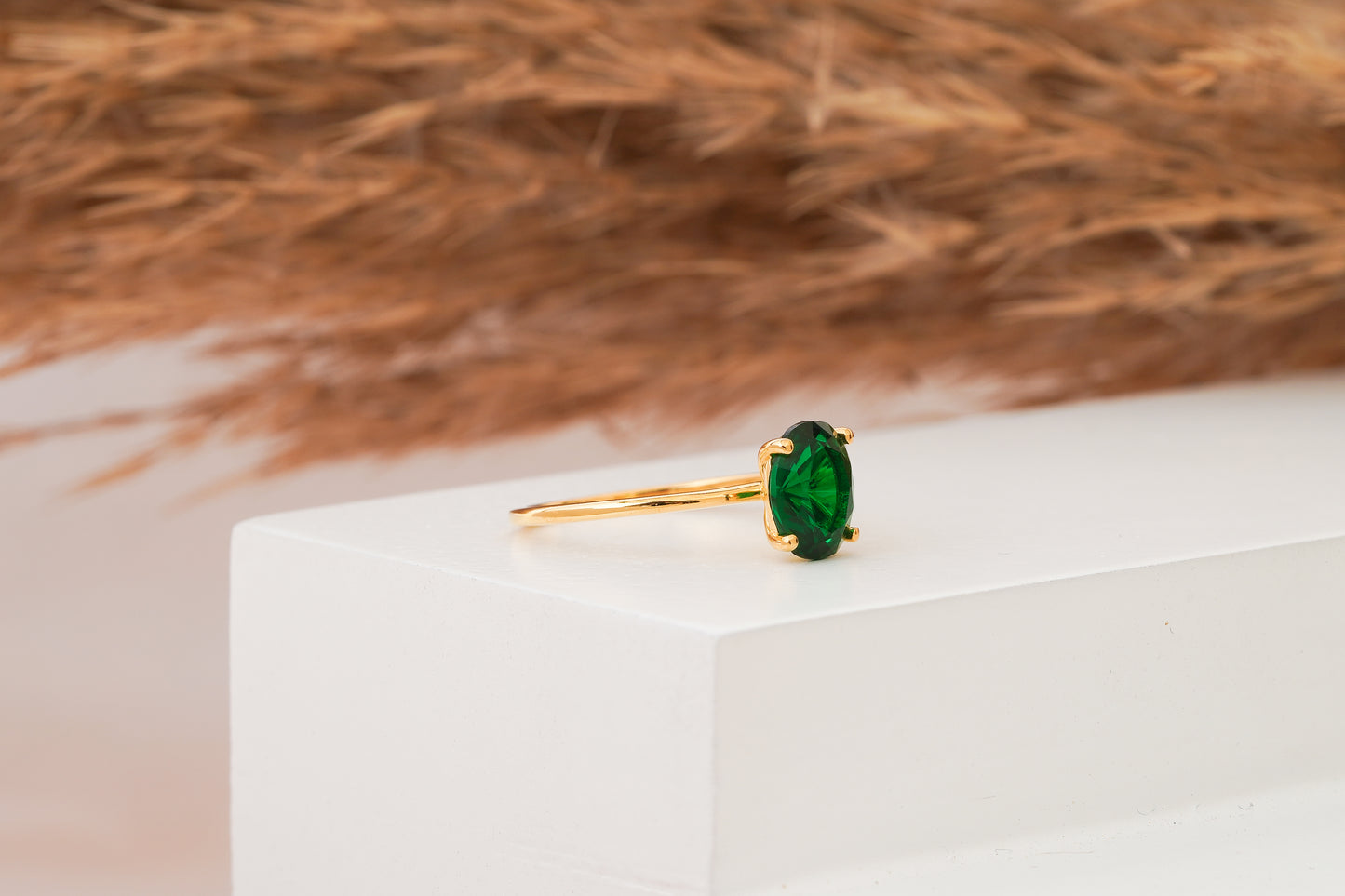 Dark Green Oval Cut CZ Engagement Gold Ring